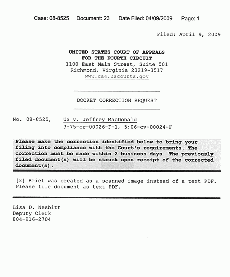 Docket Correction Request April 9 2009 Jeffrey MacDonald Case