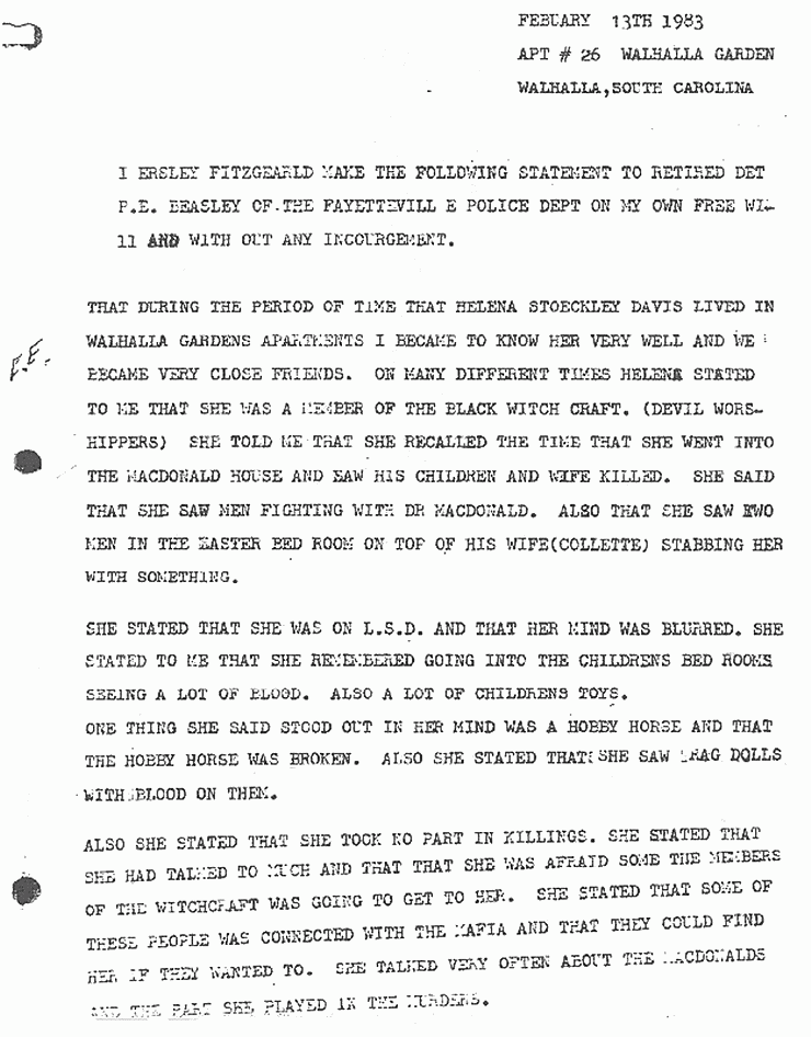February 13, 1983: Statement of Ersley Fitzgerald to P. E. Beasley re: Helena Stoeckley, p. 1 of 2