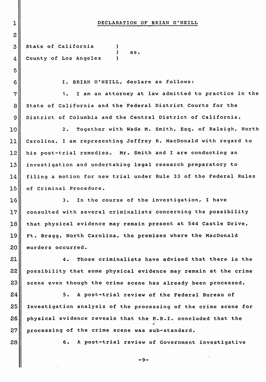 August 18, 1983: Declaration of Brian O'Neill, In Support of Motion by Jeffrey MacDonald for Crime Scene Inspection
