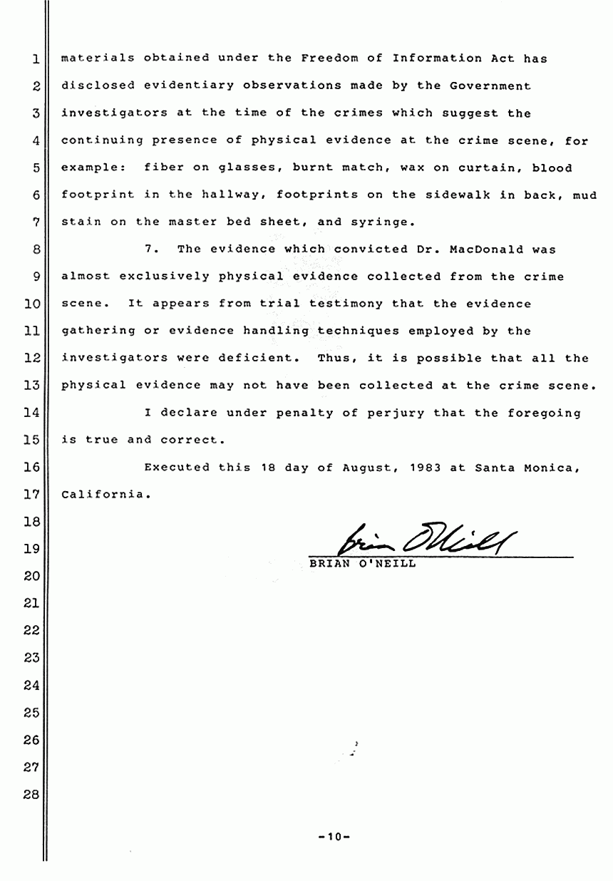 August 18, 1983: Declaration of Brian O'Neill, In Support of Motion by Jeffrey MacDonald for Crime Scene Inspection