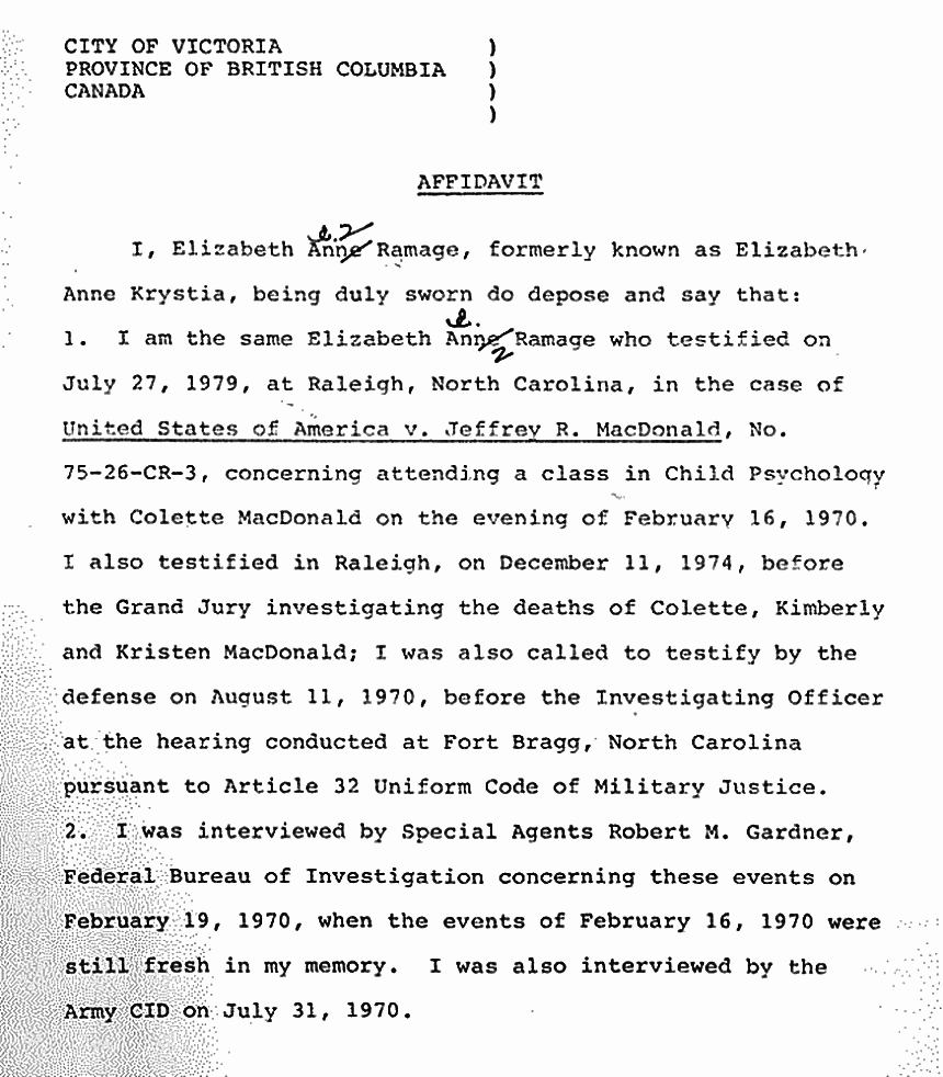 May 17, 1984: Affidavit of Elizabeth Ramage (formerly Elizabeth Krystia) re: Attending Class With Colette MacDonald p. 1 of 3