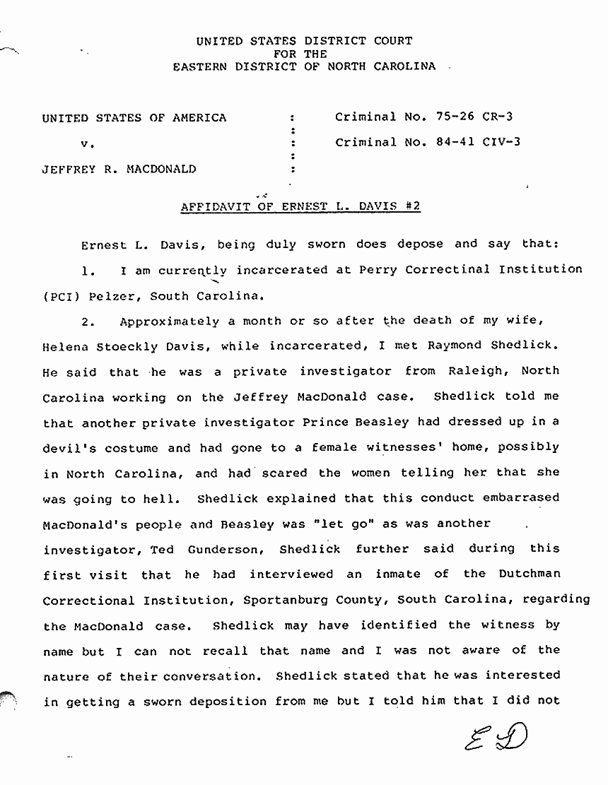 July 9, 1984: Affidavit #2 of Ernest Davis re: Ray Shedlick, Helena Stoeckley and Prince Beasley p. 1 of 4