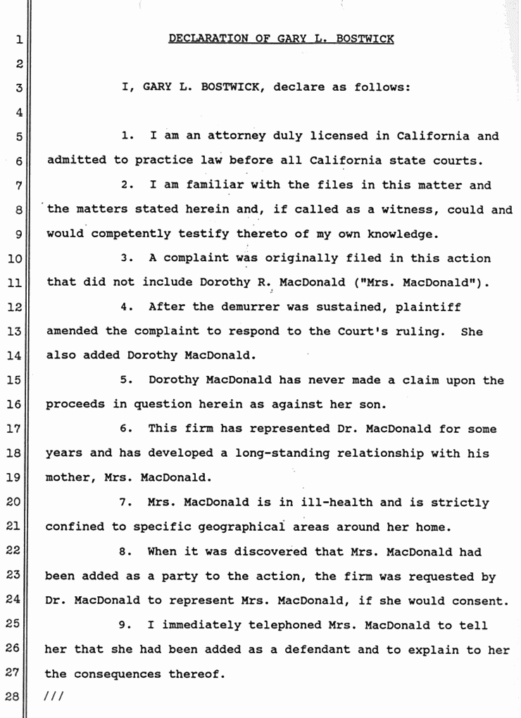 August 17, 1988: Declaration of Gary Bostwick in Support of Opposition to Motion to Disqualify Counsel, p. 1 of 2
