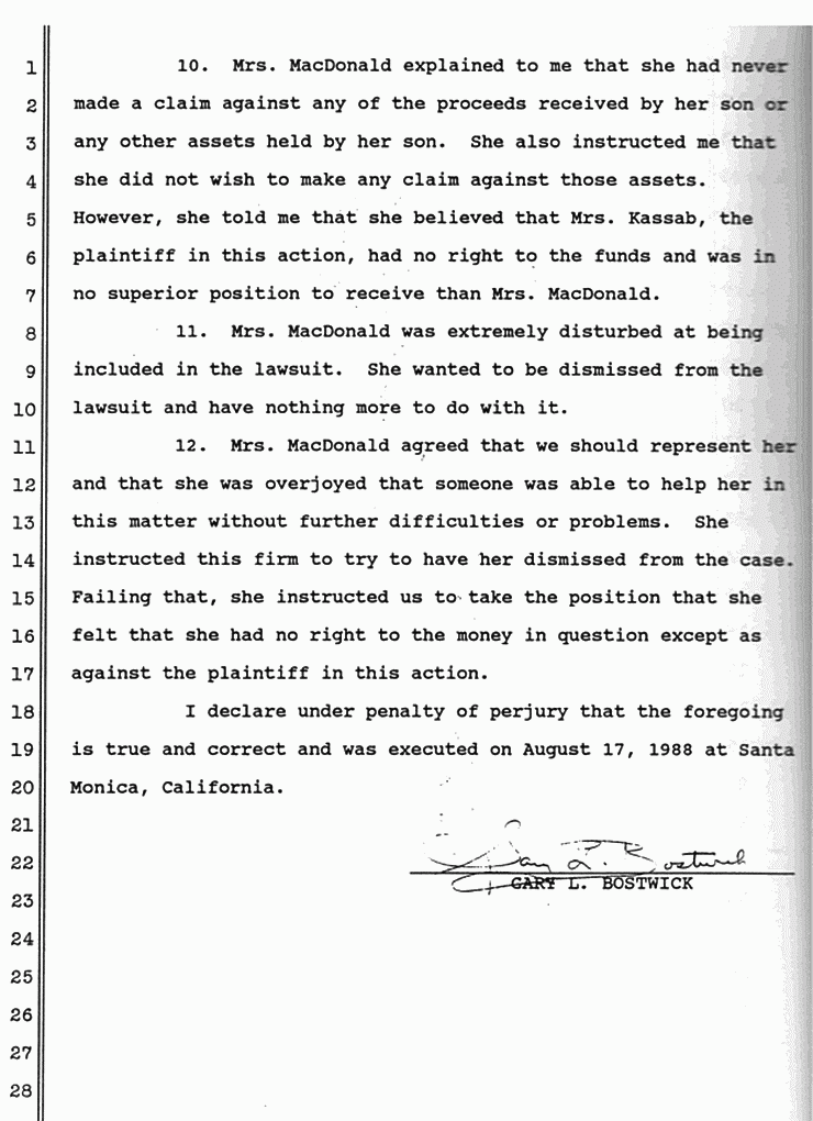 August 17, 1988: Declaration of Gary Bostwick in Support of Opposition to Motion to Disqualify Counsel, p. 2 of 2