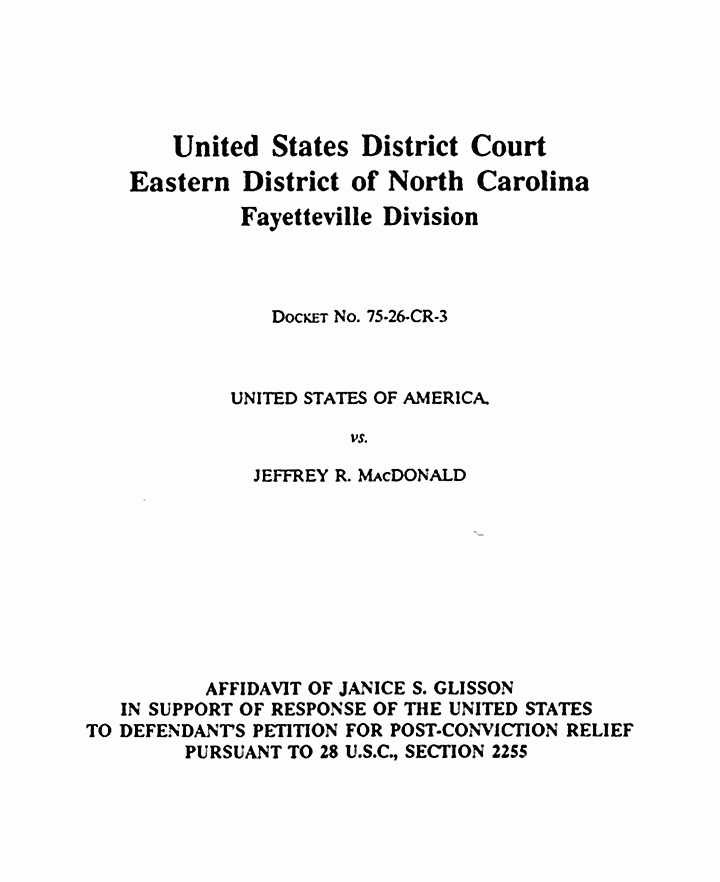 February 5, 1991: Affidavit of Janice Glisson (CID Lab Examiner) re: Examinations of Physical Evidence, p. 1 of 8