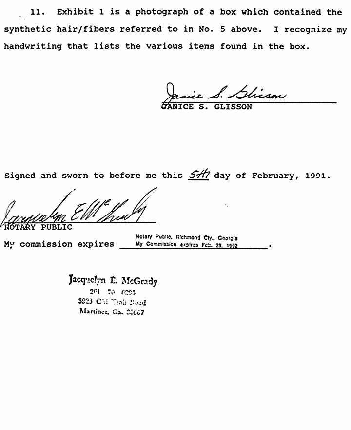 February 5, 1991: Affidavit of Janice Glisson (CID Lab Examiner) re: Examinations of Physical Evidence, p. 8 of 8
