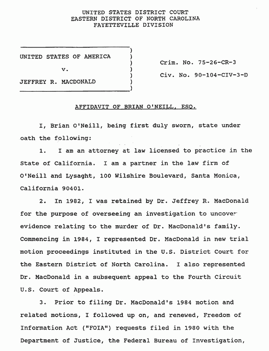April 16, 1991: Affidavit of Brian O'Neill re: Lab notes of Janice Glisson (CID) p. 1 of 6