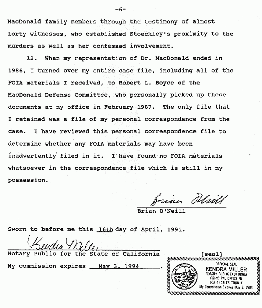 April 16, 1991: Affidavit of Brian O'Neill re: Lab notes of Janice Glisson (CID) p. 6 of 6