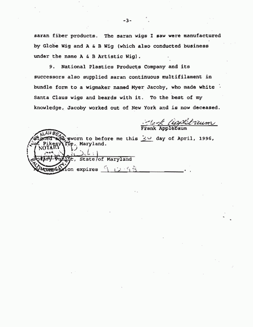 April 30, 1996: Affidavit of Frank Applebaum re: Synthetic Fibers p. 3 of 3