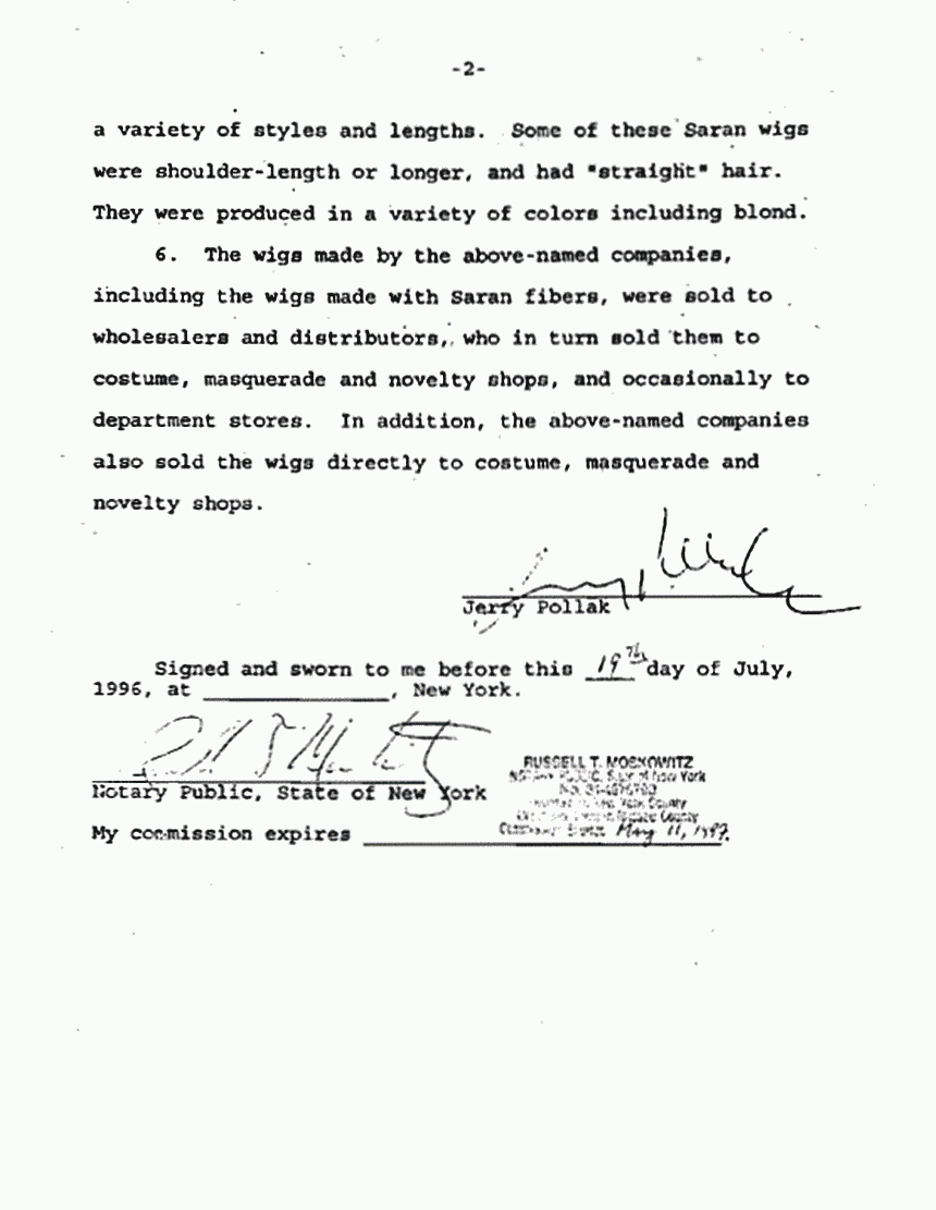 July 19, 1996: Affidavit of Jerry Pollak re: Synthetic Fibers p. 2 of 2