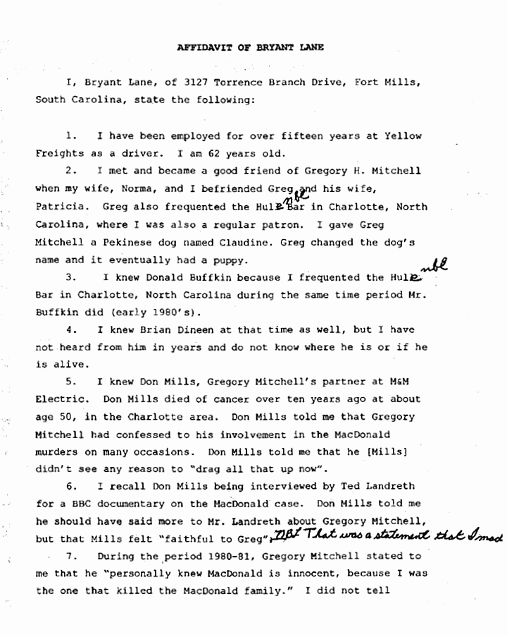 March 1, 2005: Affidavit of Bryant Lane re: Greg Mitchell, p. 1 of 3