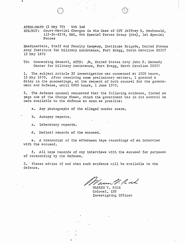 May 15, 1970: Communication from Colonel Warren Rock