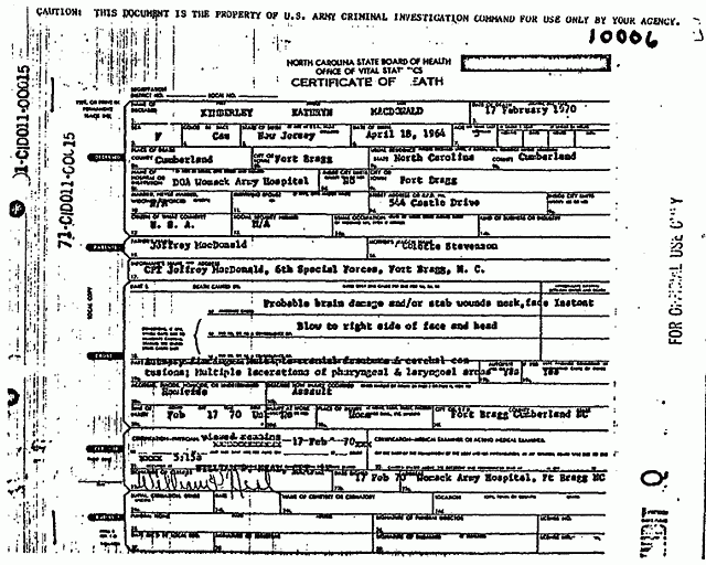 Death certificate and autopsy report of Kimberley MacDonald, p. 1 of 13