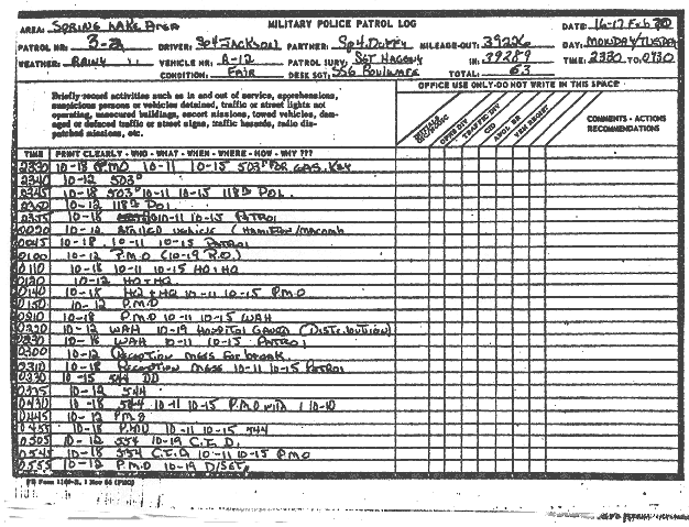 February 16-17, 1970: Military Police patrol log, p. 1 of 4