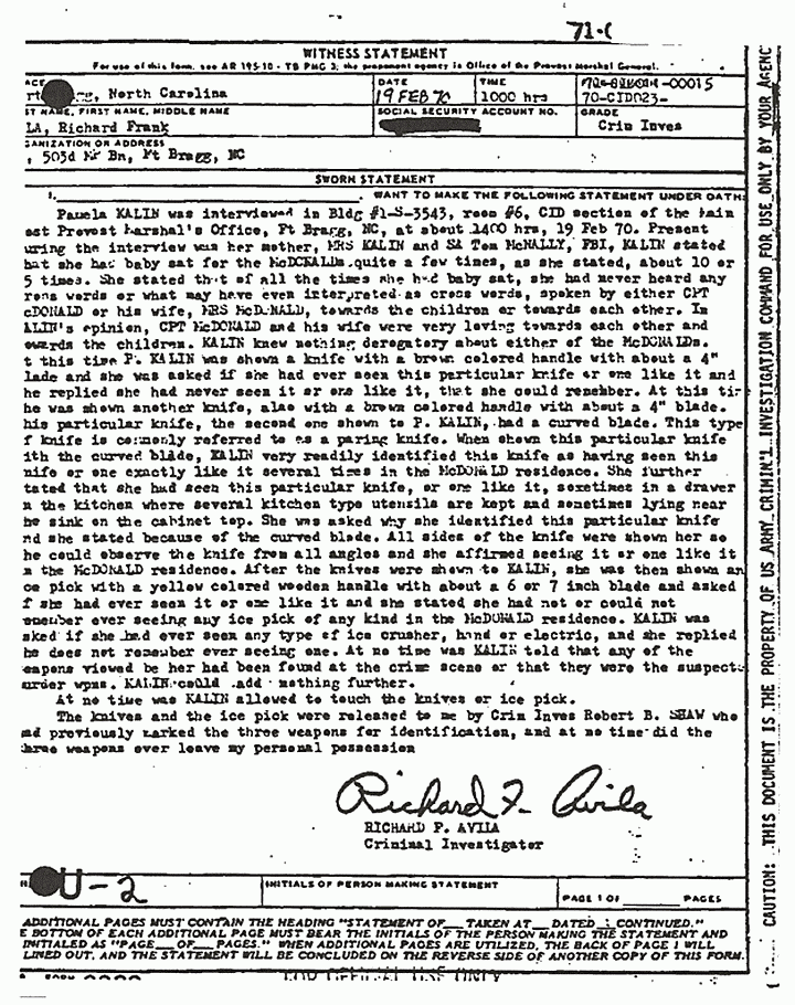 February 19, 1970: Statement of Richard Avila (CID) re: Interview of Pamela Kalin