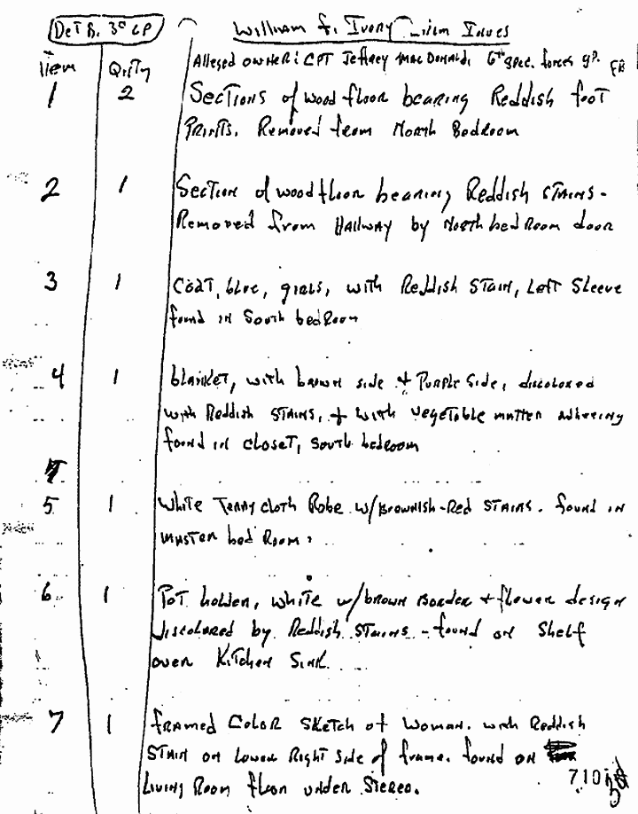 February 25, 1970: Notes of Craig Chamberlain (CID) re: Evidence received from William Ivory (CID), p. 1 of 3