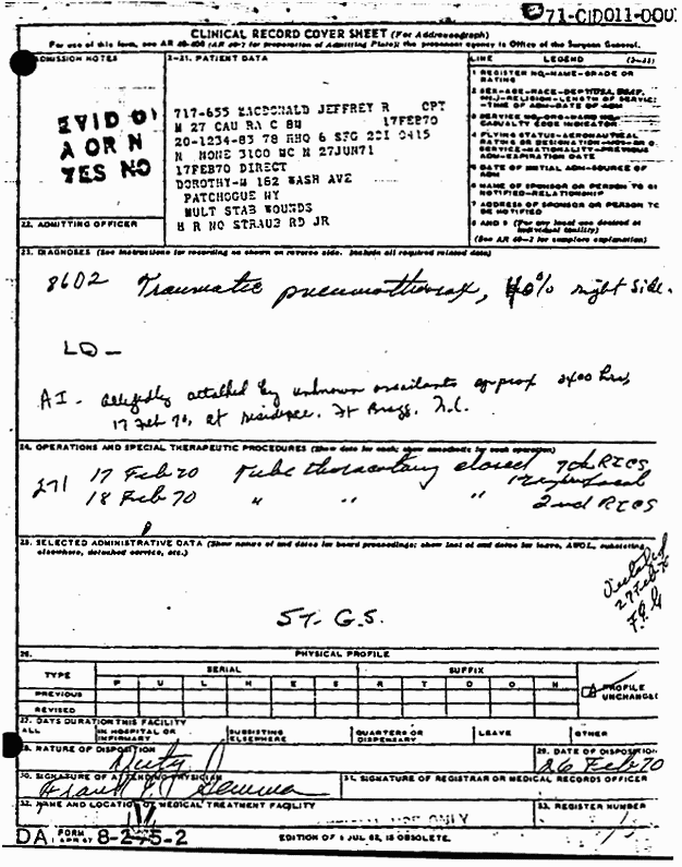 February 26, 1970: Medical reports Feb. 17-26, 1970 re: Jeffrey MacDonald, p. 1 of 11