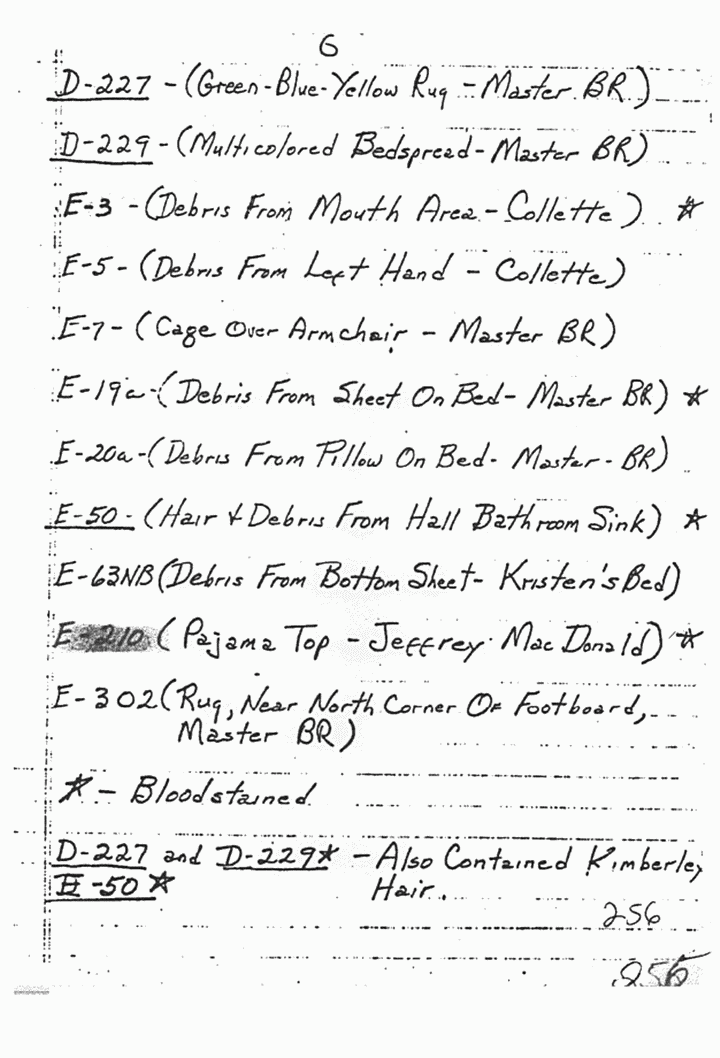 Circa March 1970: Notes of Craig Chamberlain (CID) re: Fibers, debris, hairs, paint, wax and wood evidence, p. 7 of 10 Circa March 1970: Notes of Craig Chamberlain (CID) re: Fibers, debris, hairs, paint, wax and wood evidence, p. 7 of 10