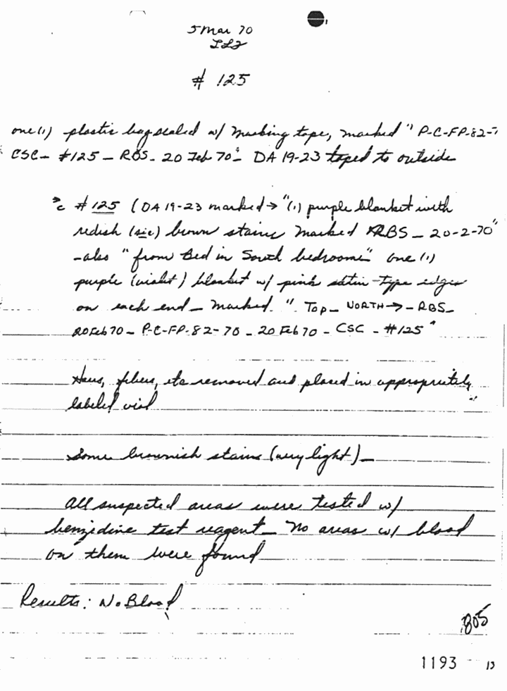 March 5, 1970: Notes of Janice Glisson (CID) re: evidence examined by Larry Flinn (CID), p. 1 of 4