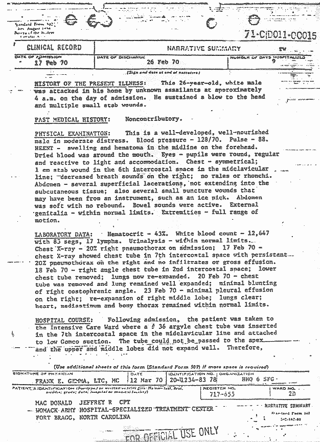 Narrative Summary of MacDonald's February 1970 hospitalization, p. 1 of 2