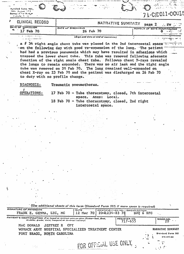 Narrative Summary of MacDonald's February 1970 hospitalization, p. 2 of 2