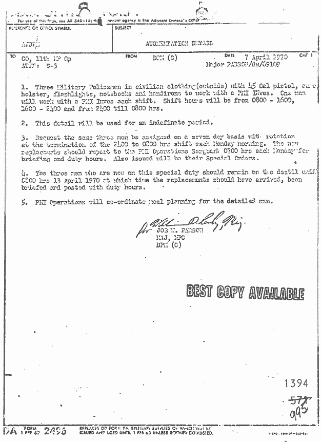 April 7, 1970: Major Parson's orders re: MP guards