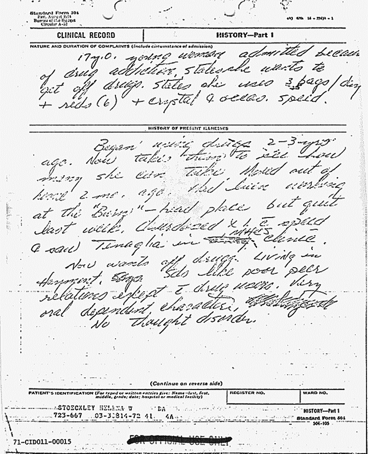 April 14, 1970: Abbreviated report of Helena Stoeckley's April 13 hospital admission, p. 1 of 2
