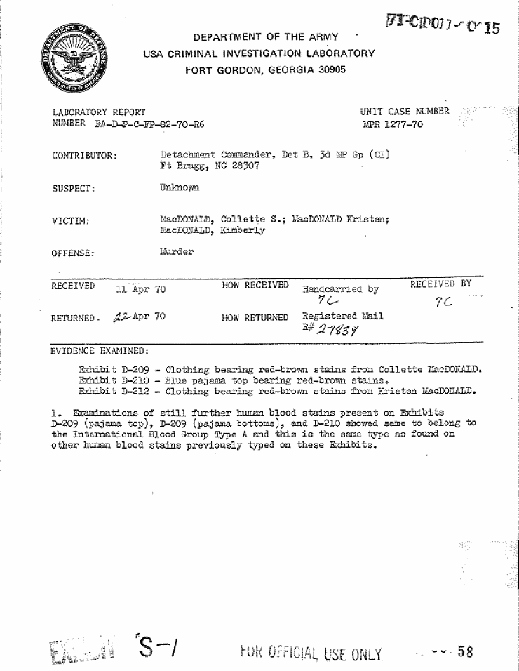 April 22, 1970: USACIL Report FA-D-P-C-FP-82-70-R6, p. 1 of 2