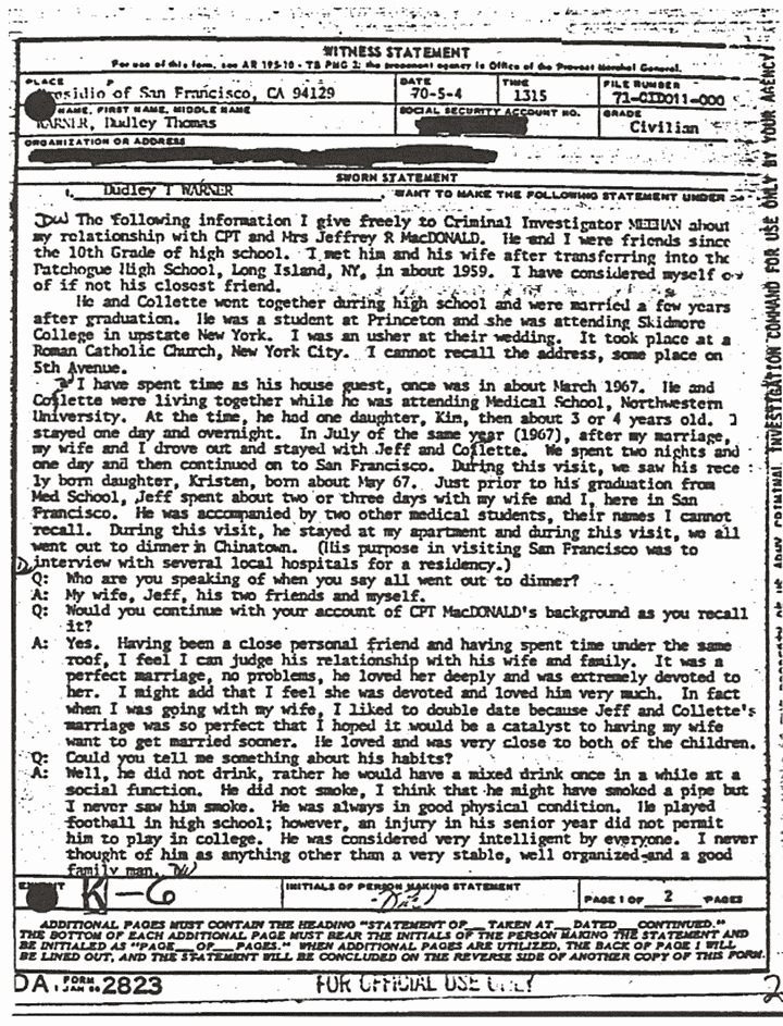 May 4, 1970: Statement of Dudley Warner, p. 1 of 2