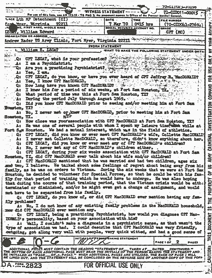 May 7, 1970: Statement of Dr. William Legat, p. 1 of 2