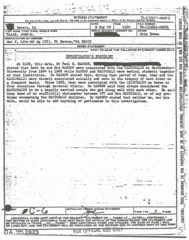 May 9, 1970: Statement of John Clark (CID) re: Interview of Paul Manson re: the finding of Jeffrey MacDonald's wallet,  p. 1 of 2