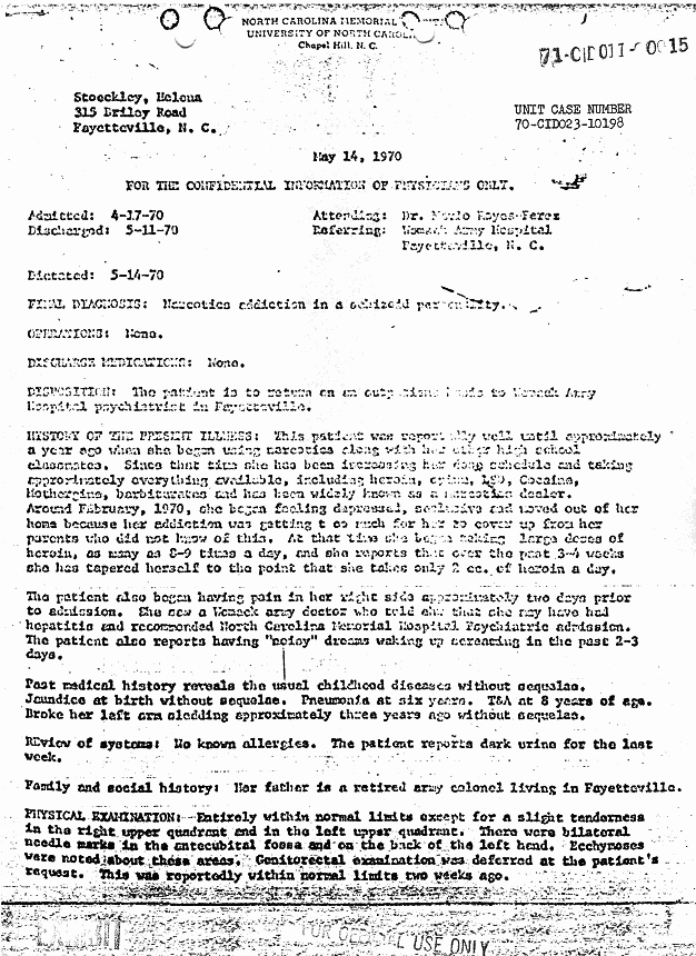 May 14, 1970: Psychiatric report re: Helena Stoeckley's April 17, 1970 hospital admission, p. 1 of 2
