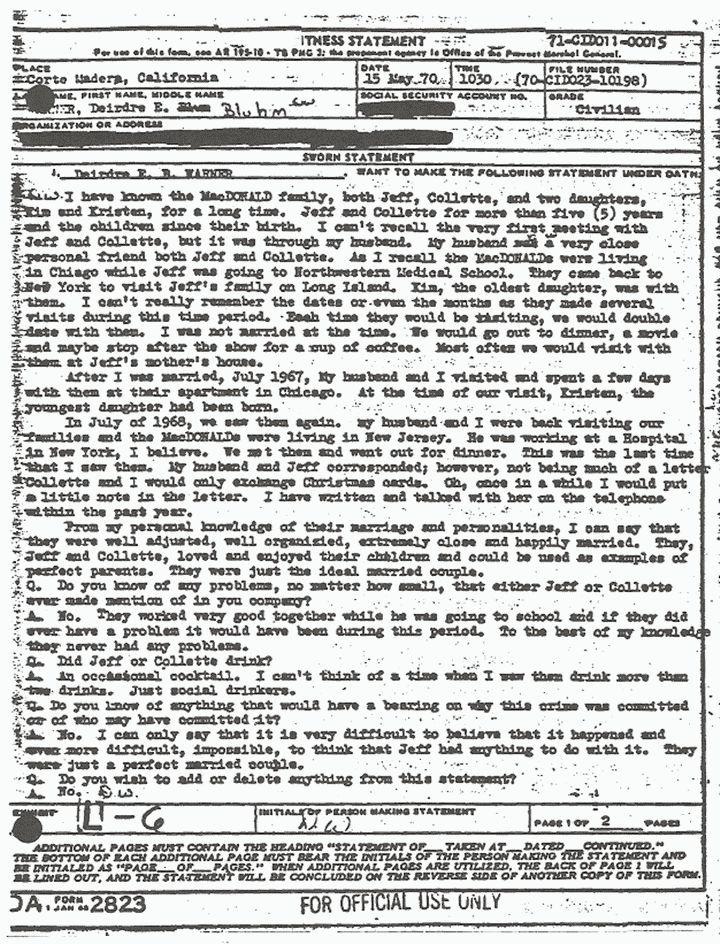 May 15, 1970: Statement of Dierdre Warner re: the finding of Jeffrey MacDonald's wallet,  p. 1 of 2