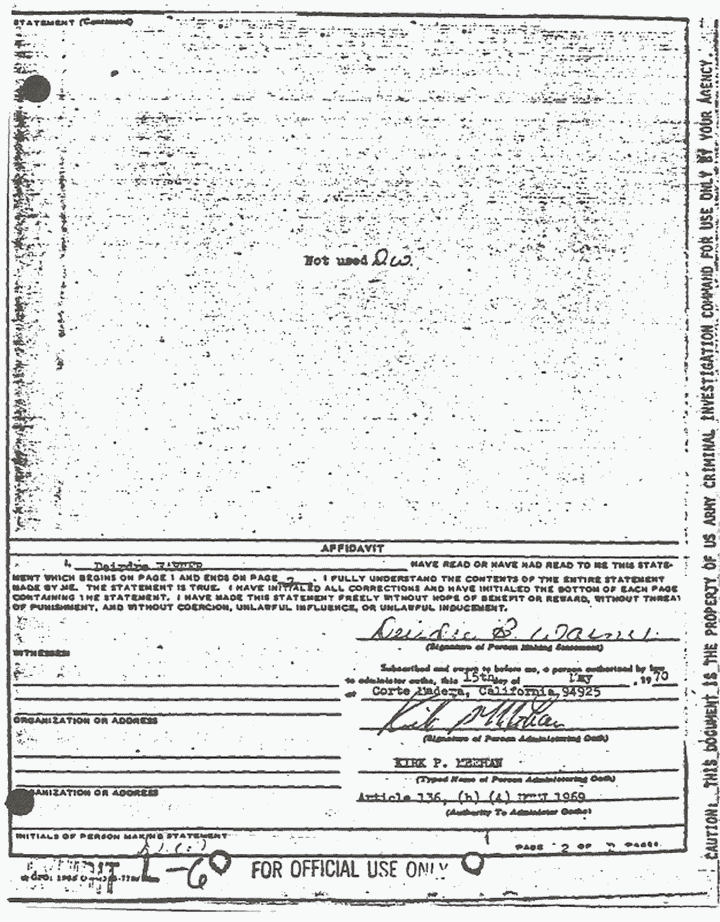 May 15, 1970: Statement of Dierdre Warner re: the finding of Jeffrey MacDonald's wallet,  p. 2 of 2