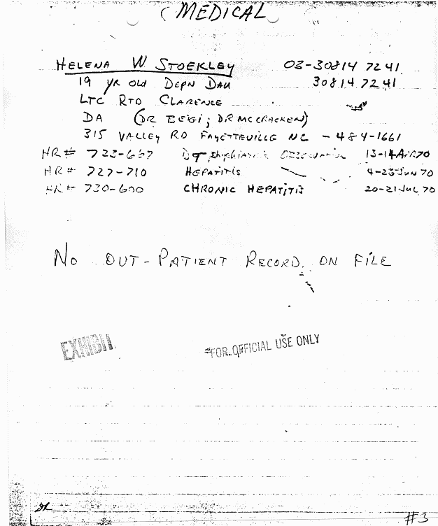 June 4, 1970: Medical report re: Helena Stoeckley's June 4 hospital admission, p. 1 of 5