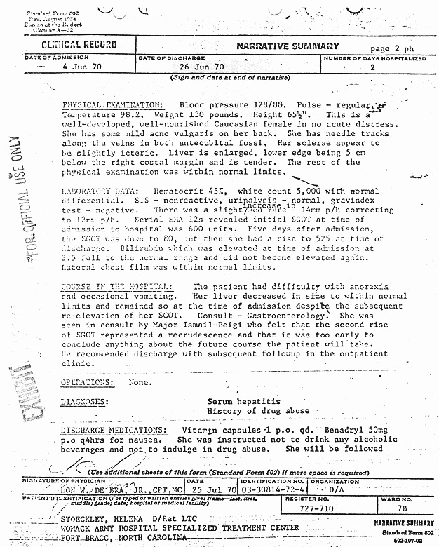 June 4, 1970: Medical report re: Helena Stoeckley's June 4 hospital admission, p. 4 of 5