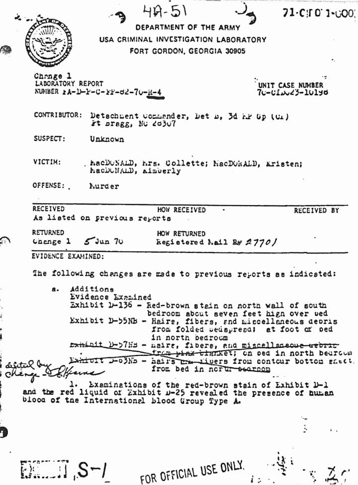June 5, 1970: USACIL Report FA-D-P-C-FP-82-70-R-4, Change 1, p. 1 of 3