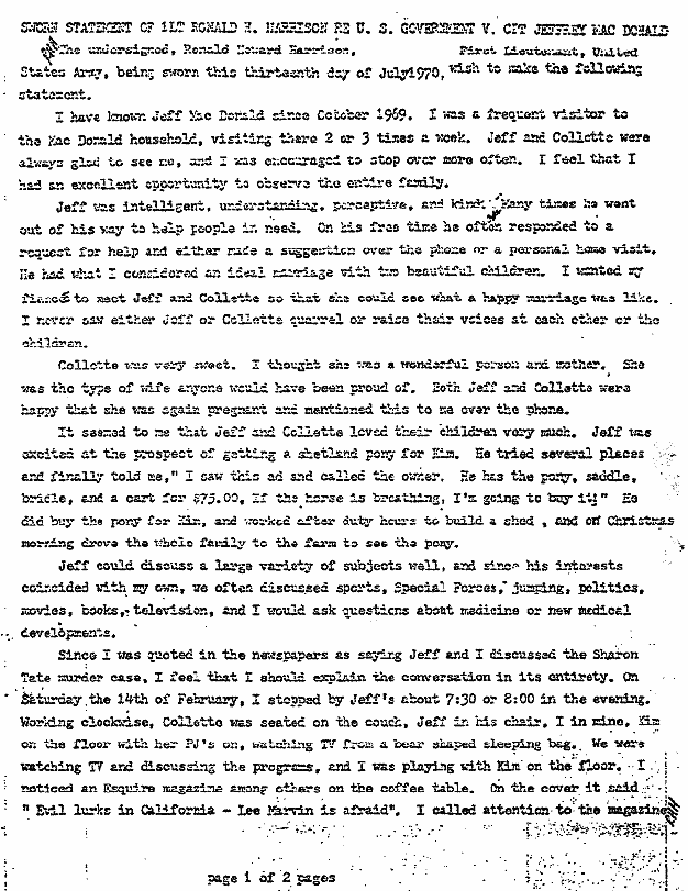 July 13, 1970: Statement of Ronald Harrison, p. 1 of 2
