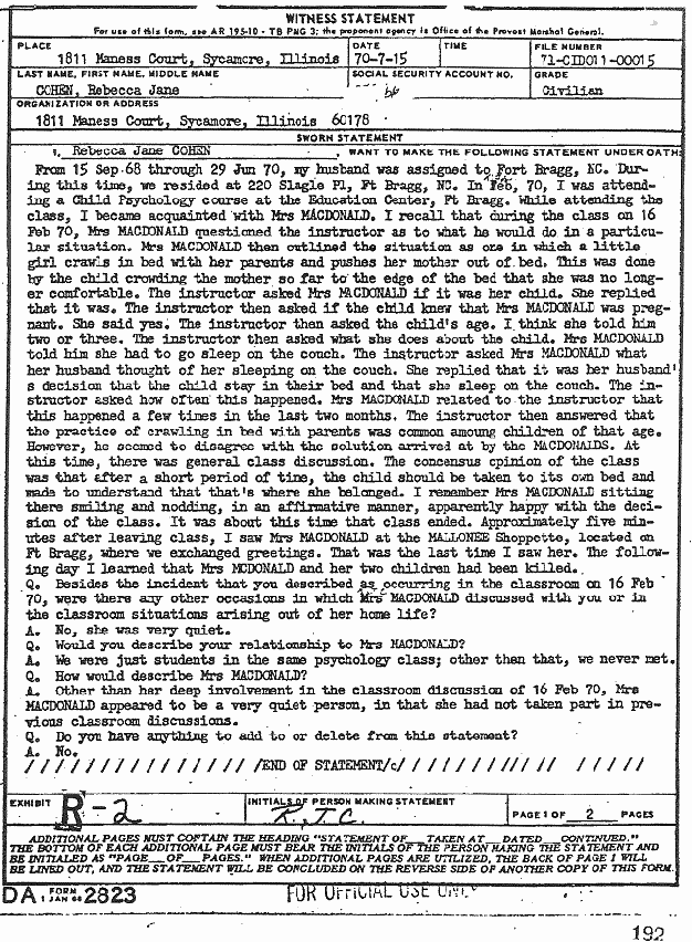 July 15, 1970: Statement of Rebecca Cohen re: Colette's Feb. 16 class discussion, p. 1 of 2