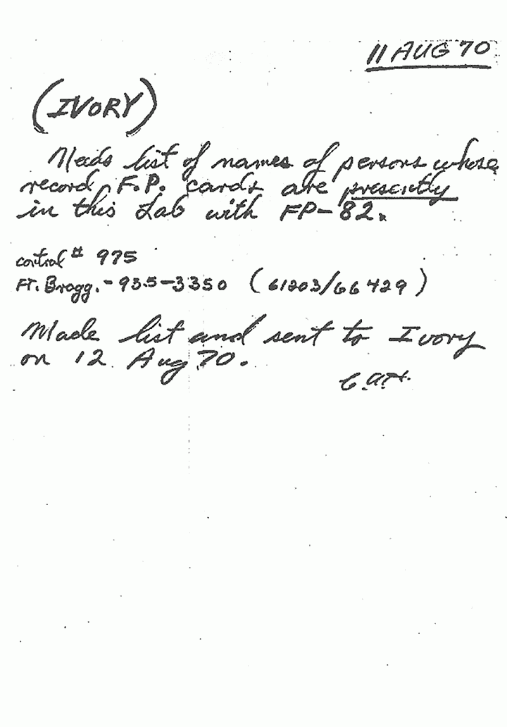 August 12, 1970: Notes assumed written by Dillard Browning (CID) re: list sent to William Ivory (CID)