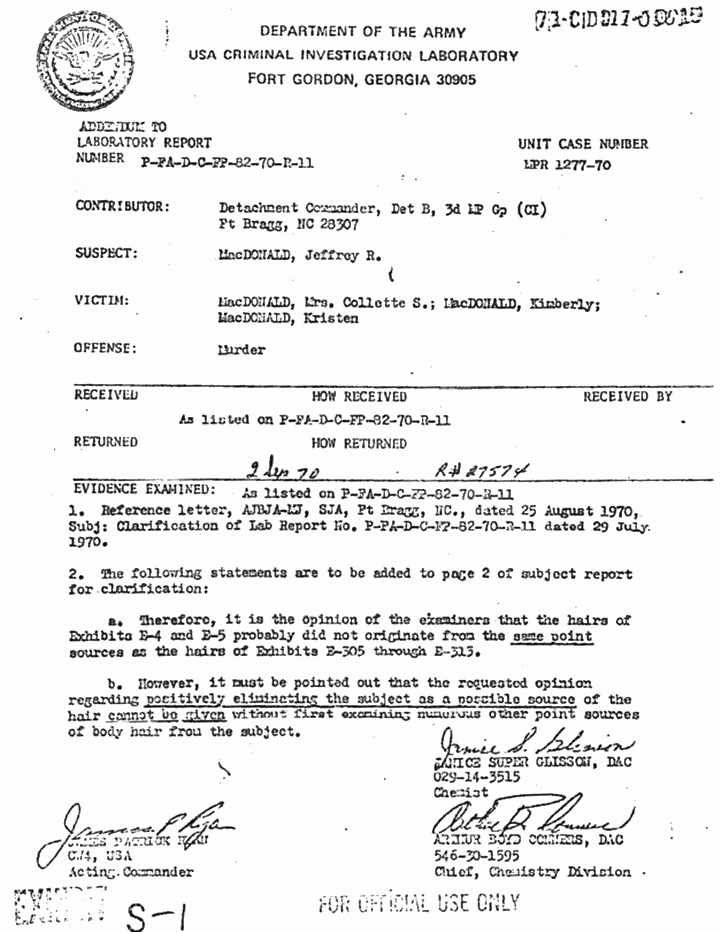 September 2, 1970: USACIL Report P-FA-D-C-FP-82-70-R-11 (Addendum) September 2, 1970: USACIL Report P-FA-D-C-FP-82-70-R-11 (Addendum)