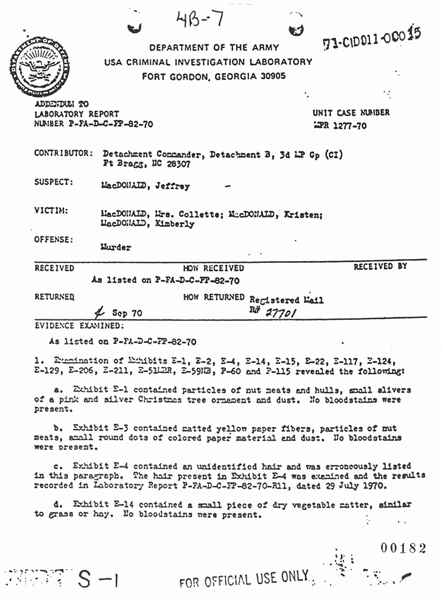 September 4, 1970: USACIL Report P-FA-D-C-FP-82-70 (Addendum), p. 1 of 3 September 4, 1970: USACIL Report P-FA-D-C-FP-82-70 (Addendum), p. 1 of 3