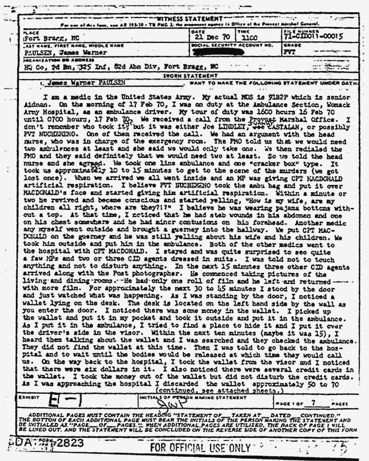Statement of James Paulsen re: Jeffrey MacDonald's wallet and activities at crime scene, p. 1 of 7