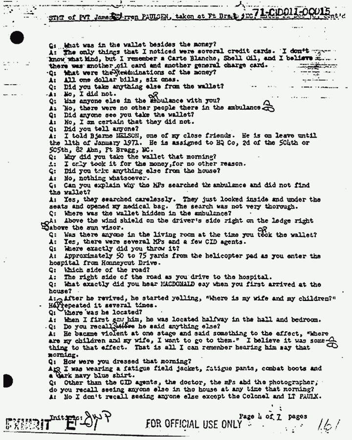 Statement of James Paulsen re: Jeffrey MacDonald's wallet and activities at crime scene, p. 4 of 7