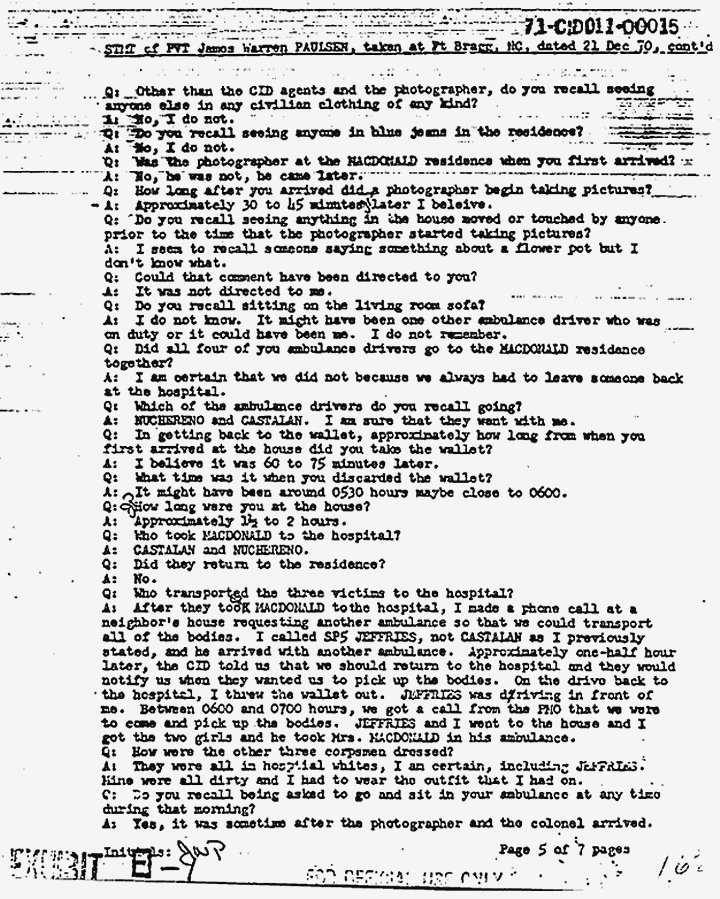 Statement of James Paulsen re: Jeffrey MacDonald's wallet and activities at crime scene, p. 5 of 7