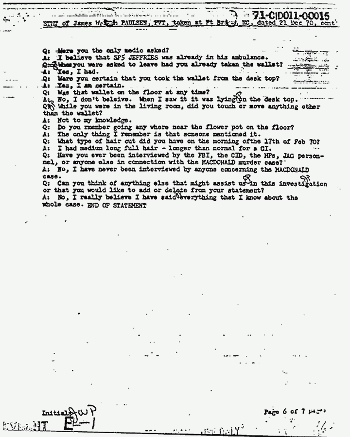 Statement of James Paulsen re: Jeffrey MacDonald's wallet and activities at crime scene, p. 6 of 7