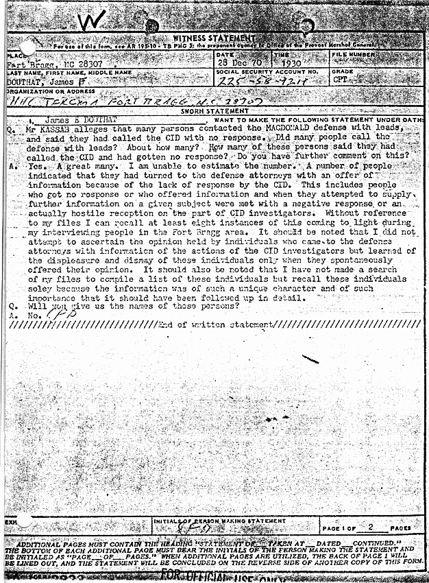 December 28, 1970: Statement of James Douthat re: Leads, p. 1 of 2