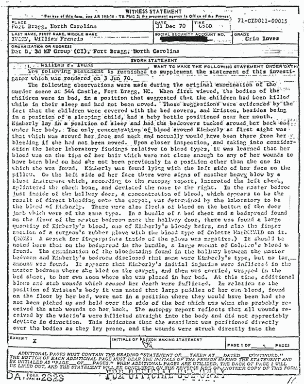 December 31, 1970: Statement of William Ivory (CID) re: Victims and crime scene, p. 1 of 3