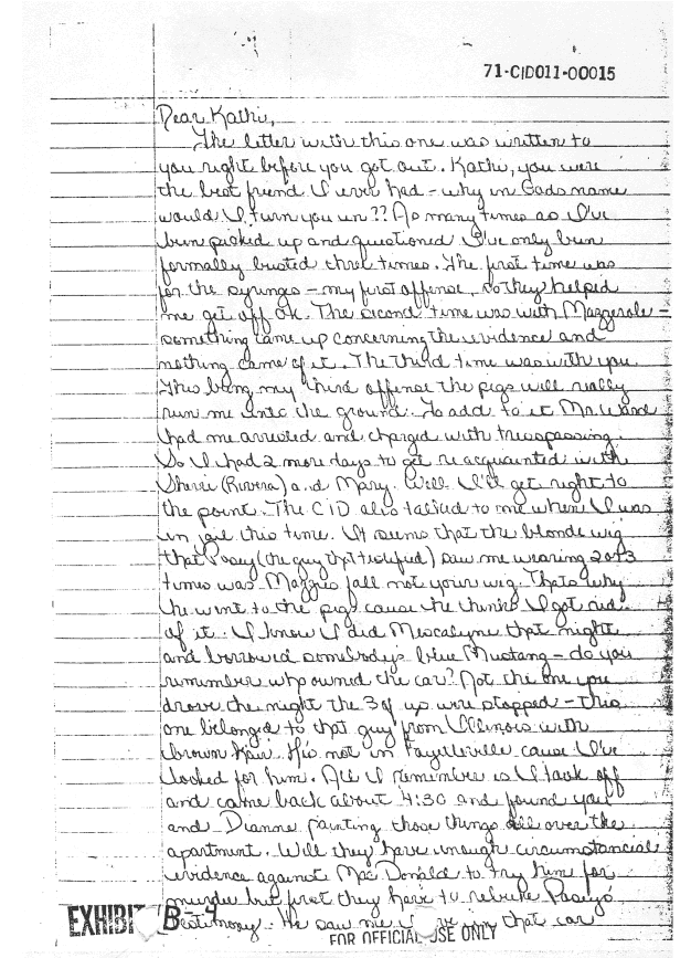 Circa 1970: Letter from Helena Stoeckley to Kathy Smith, p. 1 of 4