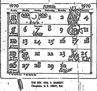 Cathy Perry's 1970 calendar (acquired by CID June 30, 1983) | Jeffrey  MacDonald Case